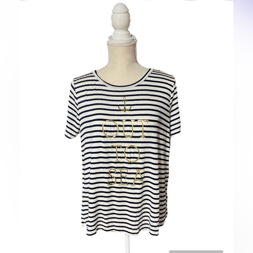 Poolhouse tee navy blue and white‎ shirt sleeve.